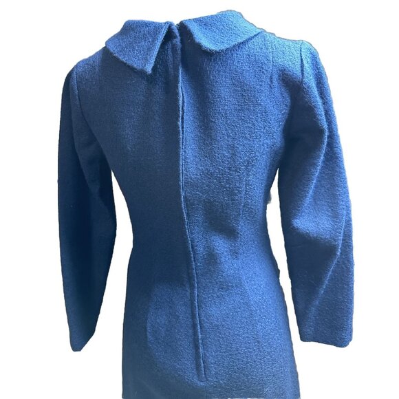 Dress Blue Midi Sheath Fitted Knit Cowl Long Sleeve Theatre Actress Doris Day - Picture 3 of 14